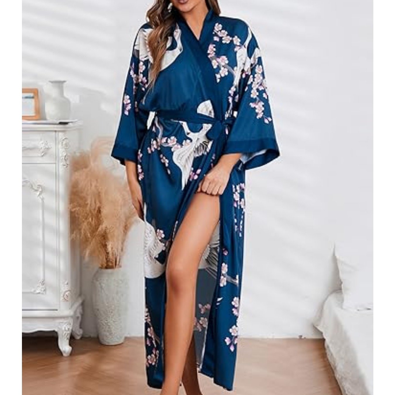 Elegant Floral Silk Kimono Robe - Long Satin Bathrobe for Women | Perfect for Weddings & Sleepwear