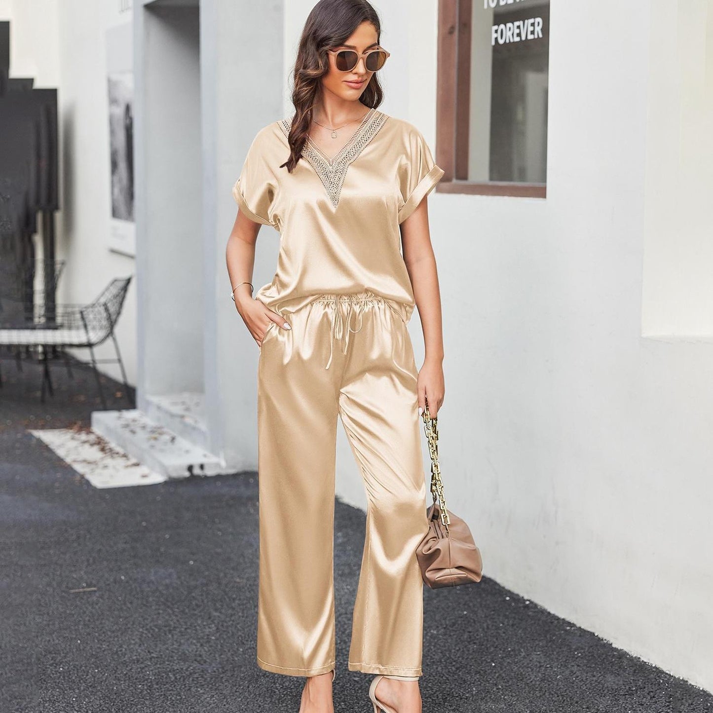 Elegant Lace-Trim Satin Pajama Set for Women - Chic Comfort in Two Pieces