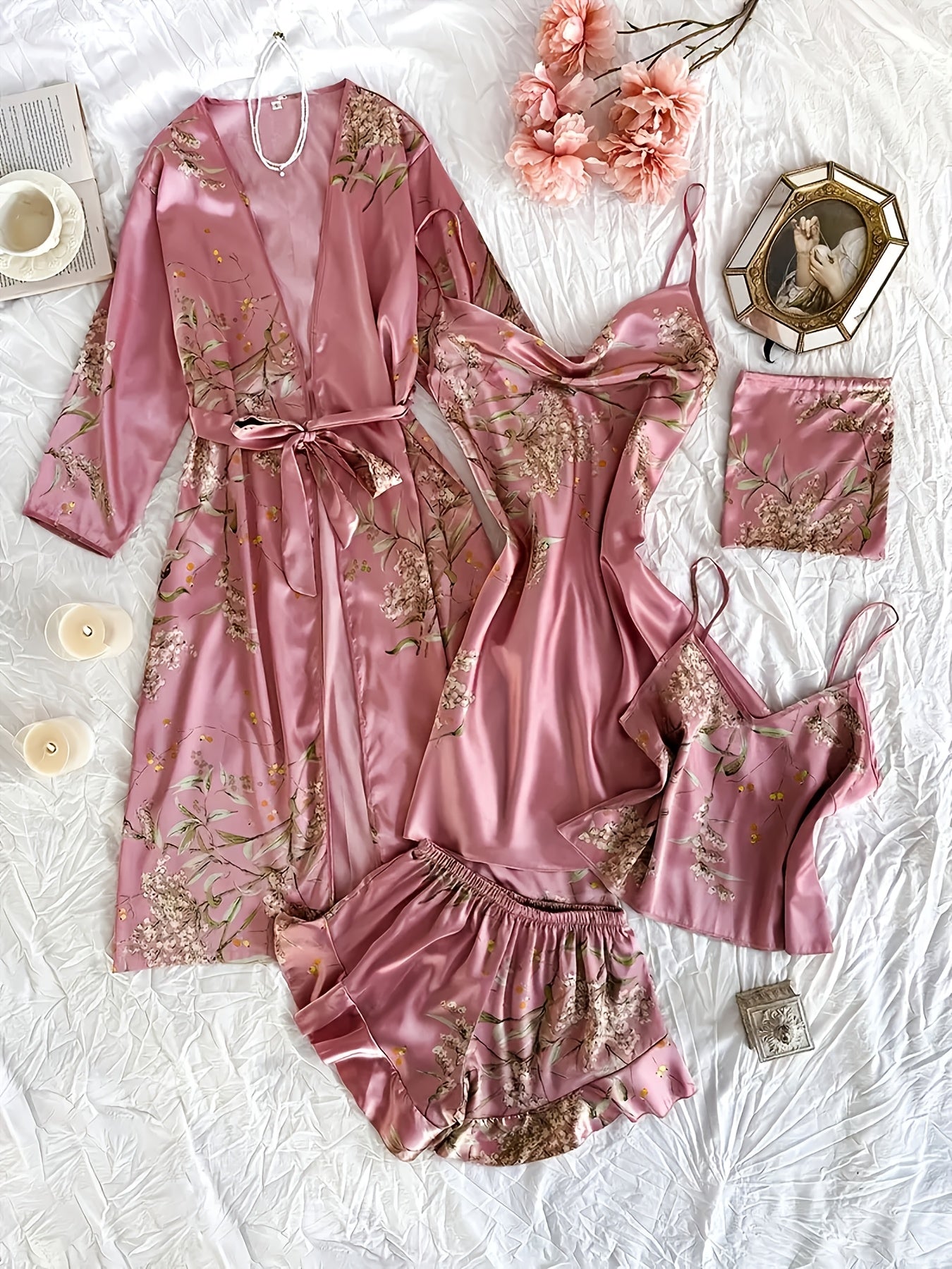 Chic Floral Print Pajama Set for Women - Comfortable Sleepwear with V-Neck & Pleated Shorts