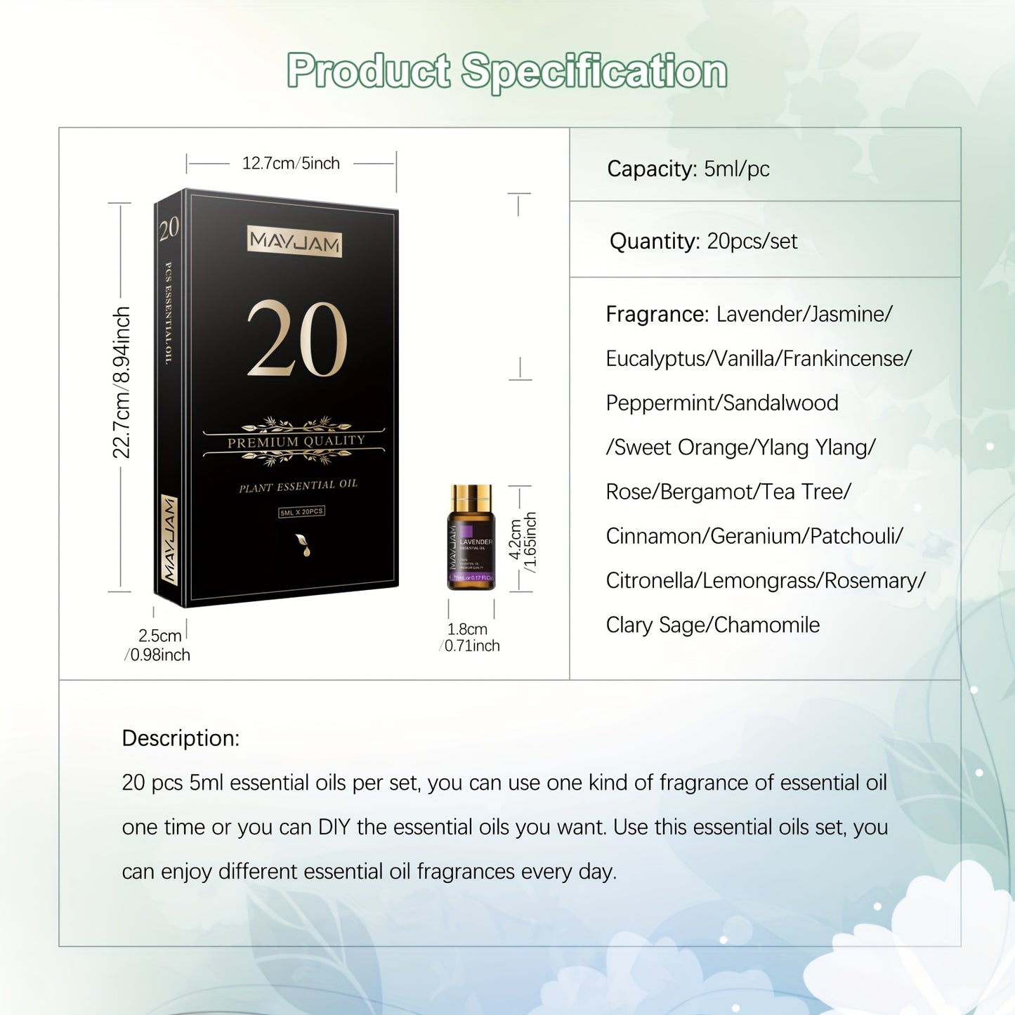 MAYJAM 20pcs 5ml/0.17Fl.Oz Essential Oils Set Gift Kit For Diffusers Humidifier