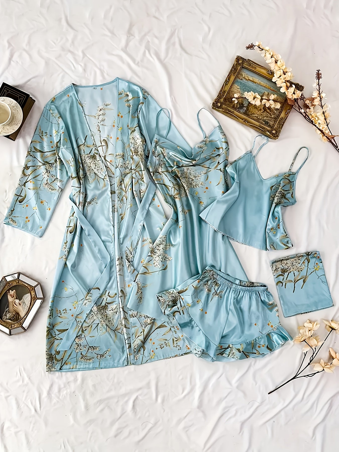 Chic Floral Print Pajama Set for Women - Comfortable Sleepwear with V-Neck & Pleated Shorts