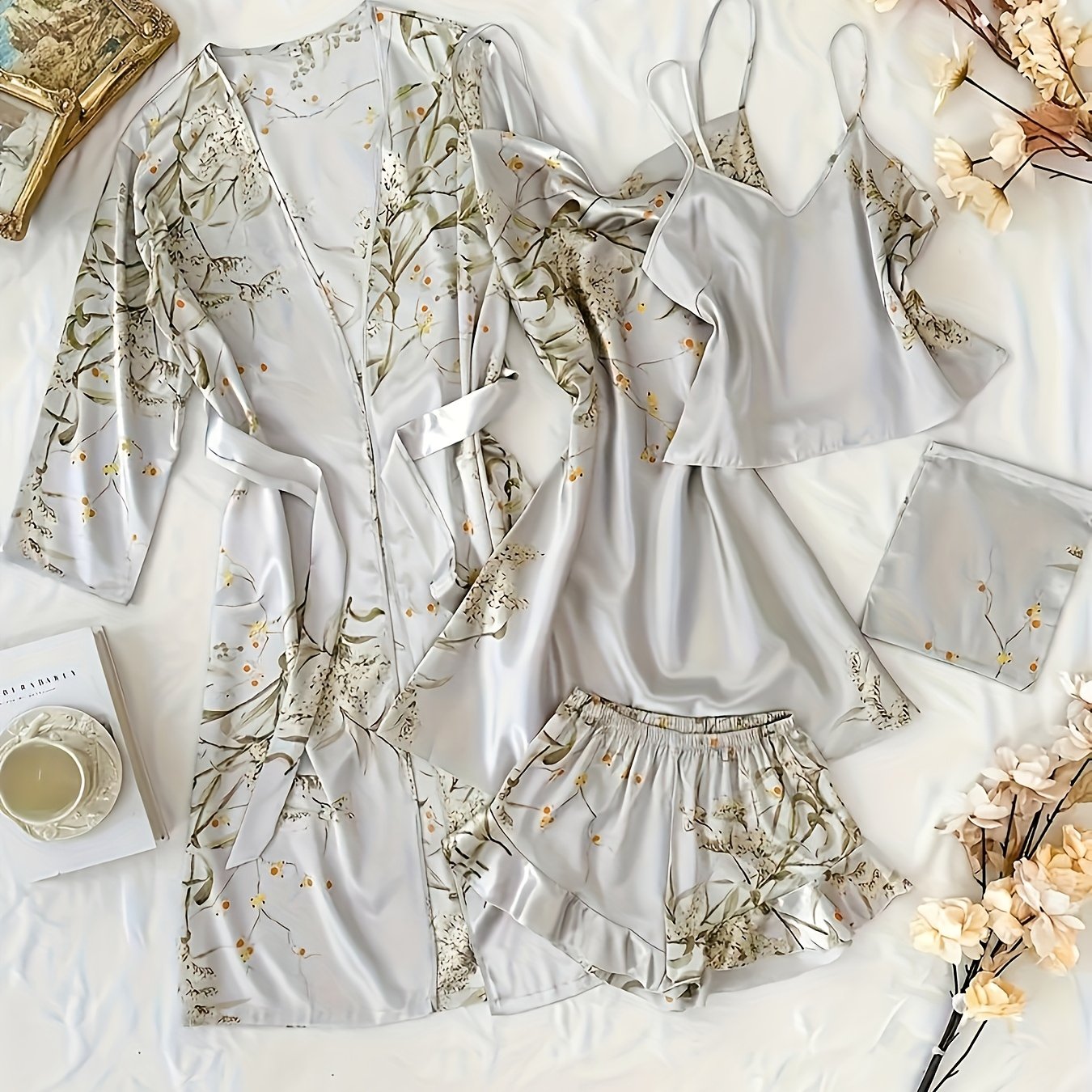 Chic Floral Print Pajama Set for Women - Comfortable Sleepwear with V-Neck & Pleated Shorts