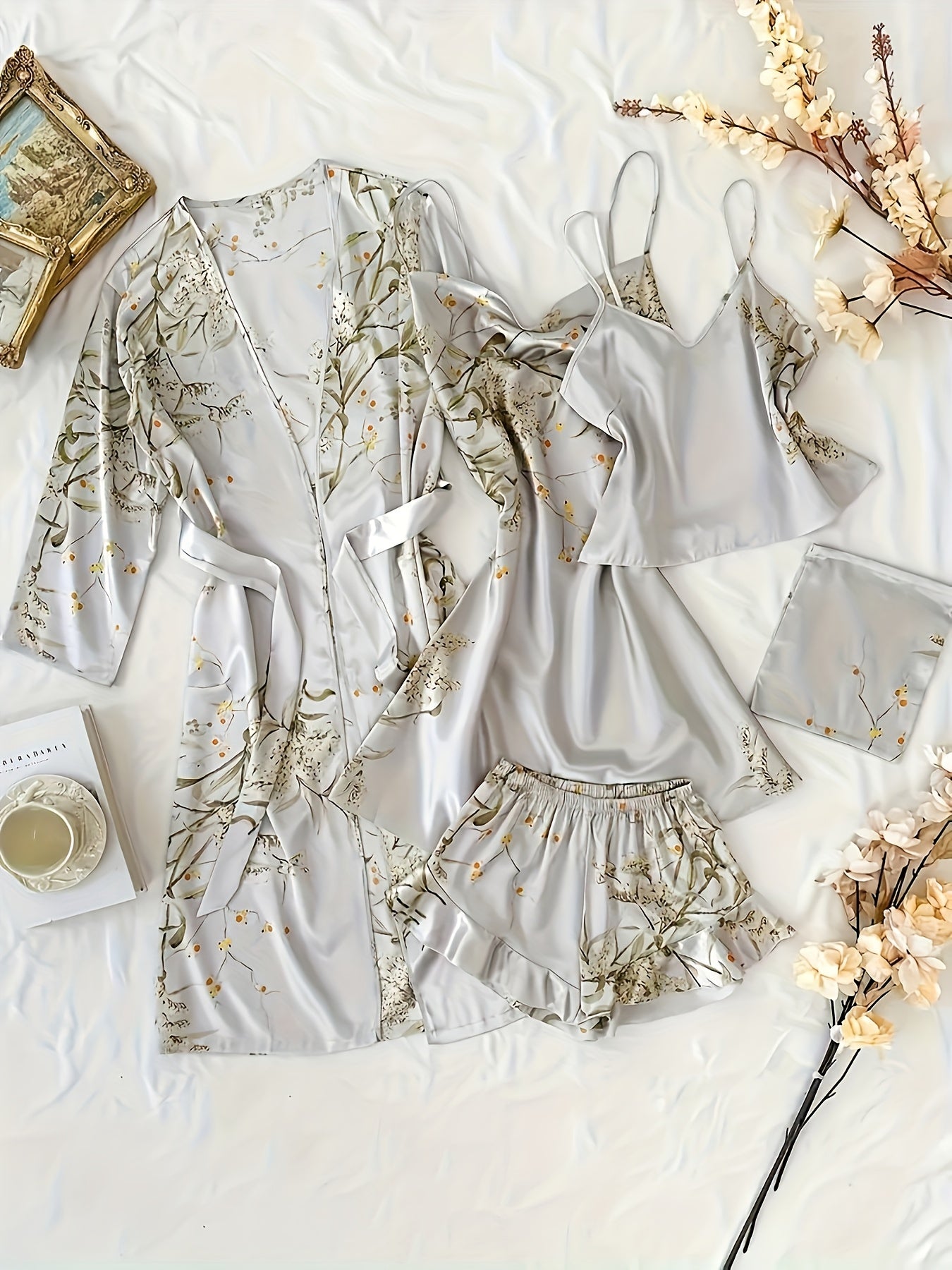 Chic Floral Print Pajama Set for Women - Comfortable Sleepwear with V-Neck & Pleated Shorts