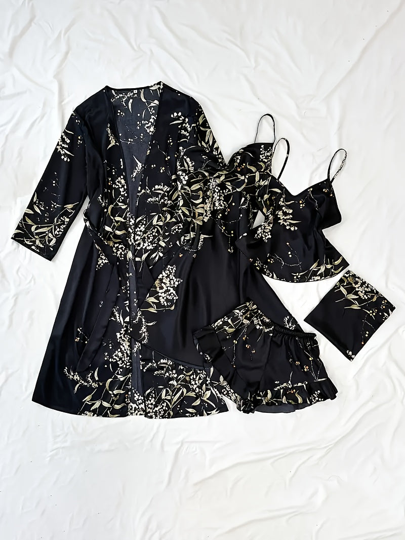 Chic Floral Print Pajama Set for Women - Comfortable Sleepwear with V-Neck & Pleated Shorts