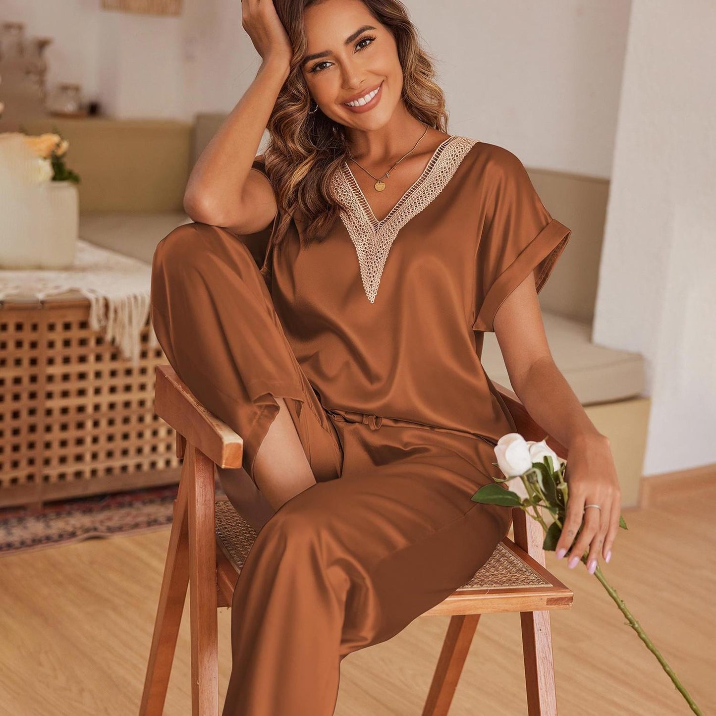 Elegant Lace-Trim Satin Pajama Set for Women - Chic Comfort in Two Pieces