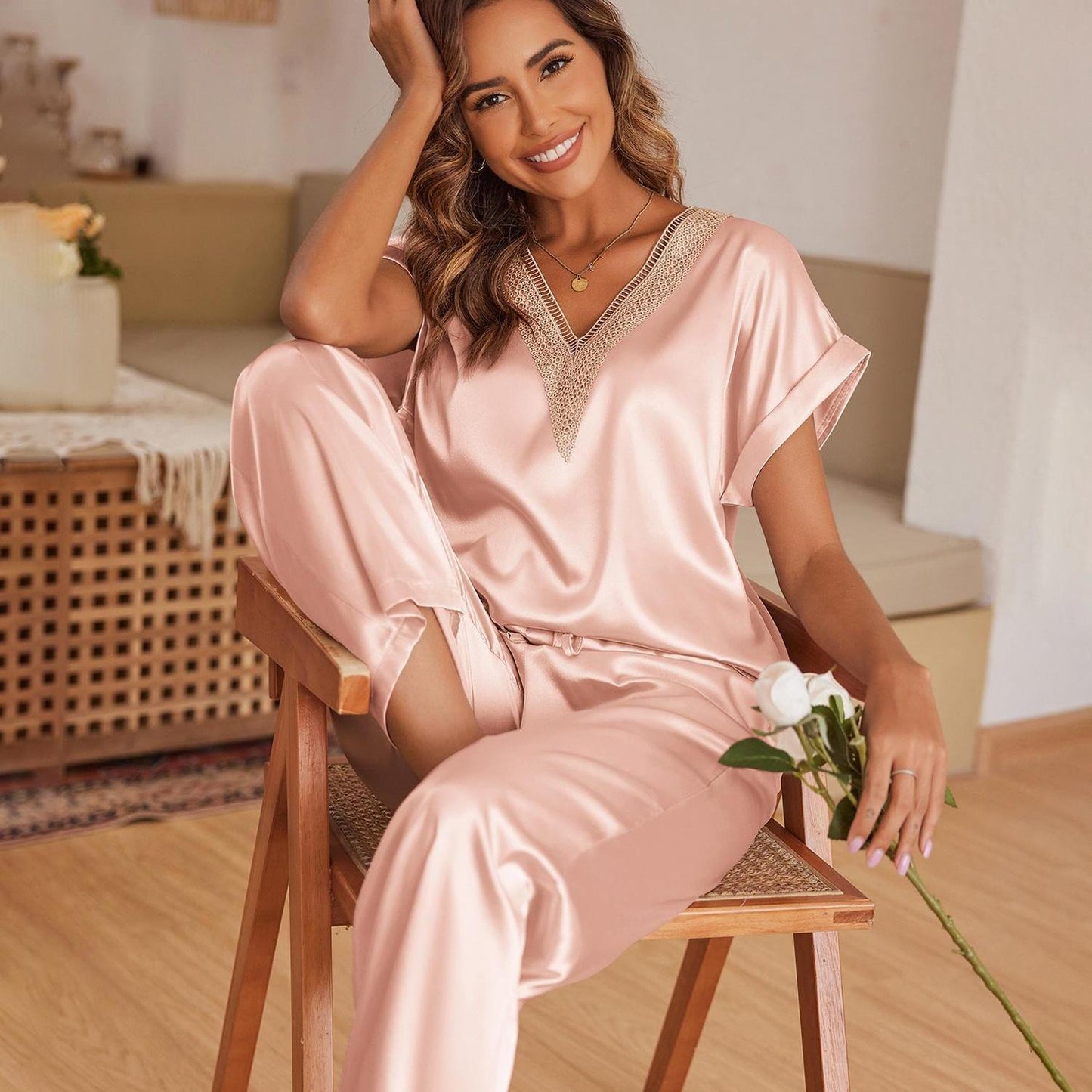 Elegant Lace-Trim Satin Pajama Set for Women - Chic Comfort in Two Pieces