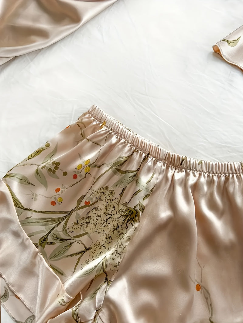 Chic Floral Print Pajama Set for Women - Comfortable Sleepwear with V-Neck & Pleated Shorts