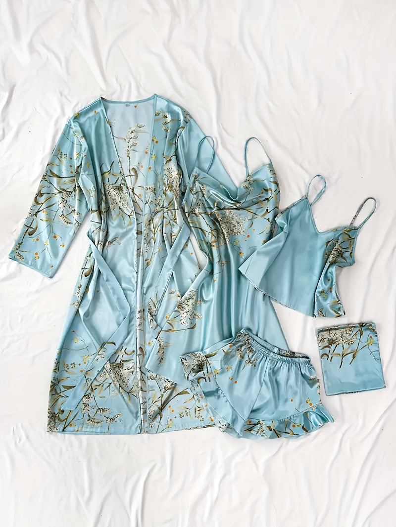 Chic Floral Print Pajama Set for Women - Comfortable Sleepwear with V-Neck & Pleated Shorts
