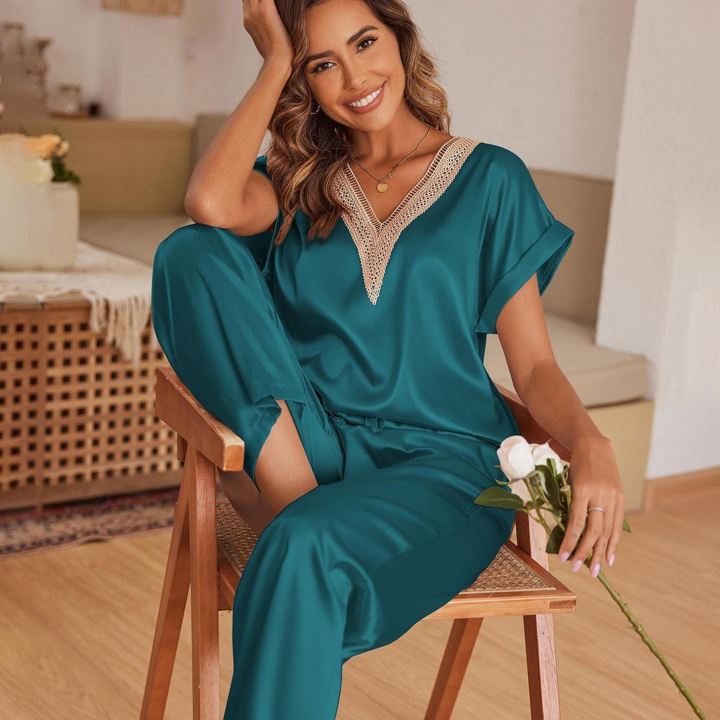 Elegant Lace-Trim Satin Pajama Set for Women - Chic Comfort in Two Pieces