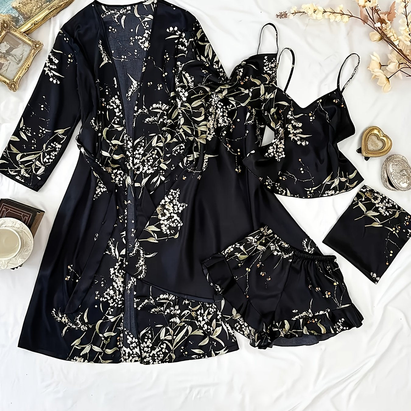Chic Floral Print Pajama Set for Women - Comfortable Sleepwear with V-Neck & Pleated Shorts