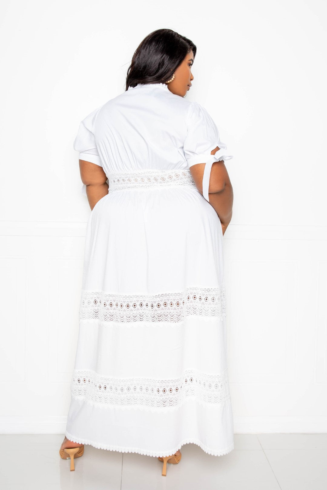 White Puff Sleeve Maxi Dress With Lace Insert