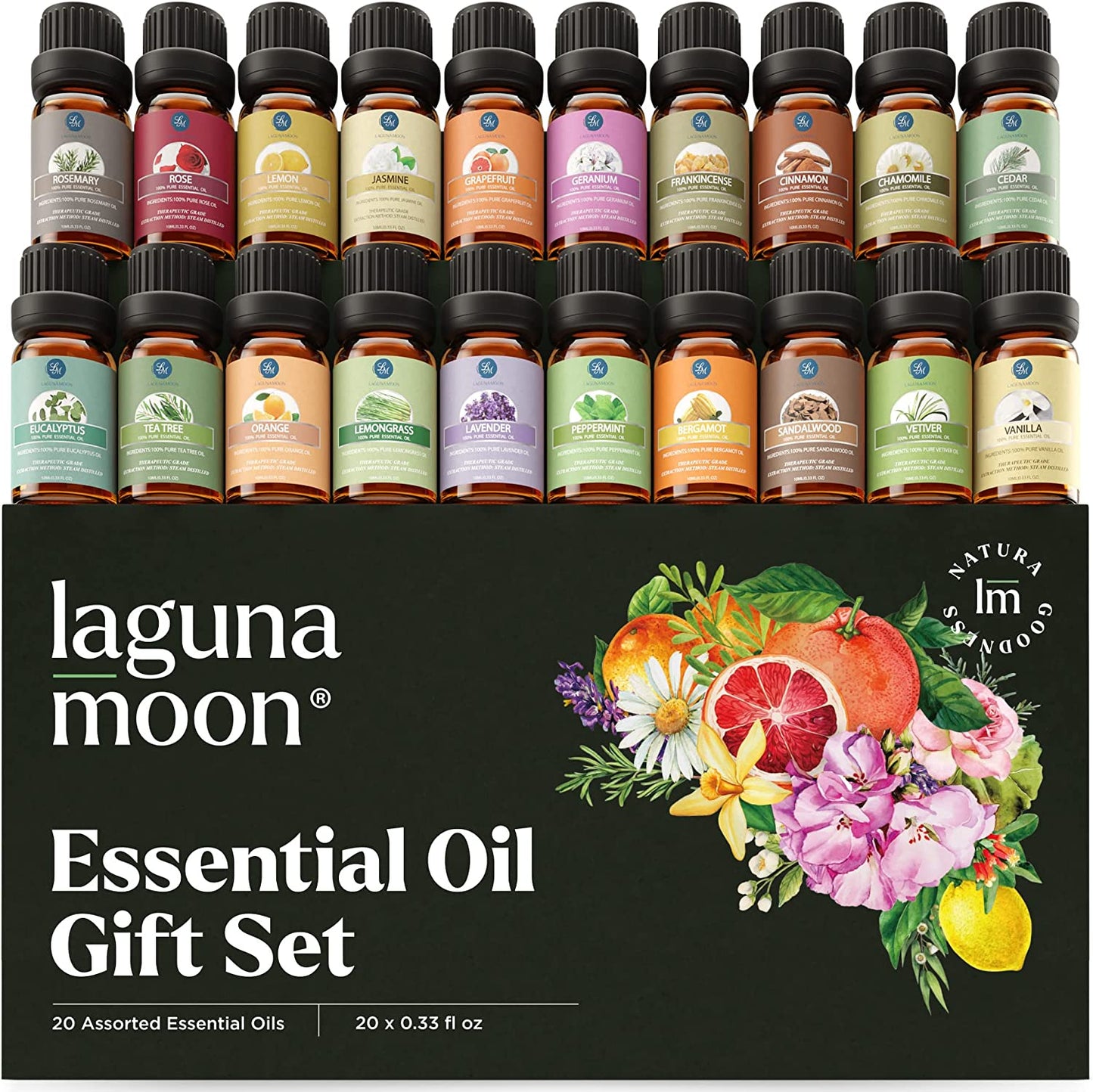 Essential Oils Set - Top 20 Organic Gift Set Oils for Diffusers, Humidifiers, Massages, Aromatherapy, Candle Making, Skin & Hair Care - Peppermint, Tea Tree, Lavender, Eucalyptus, Lemongrass (10Ml)